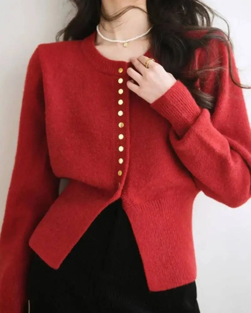 Acrylic-Blend Button-Front Round-Neck Cardigan