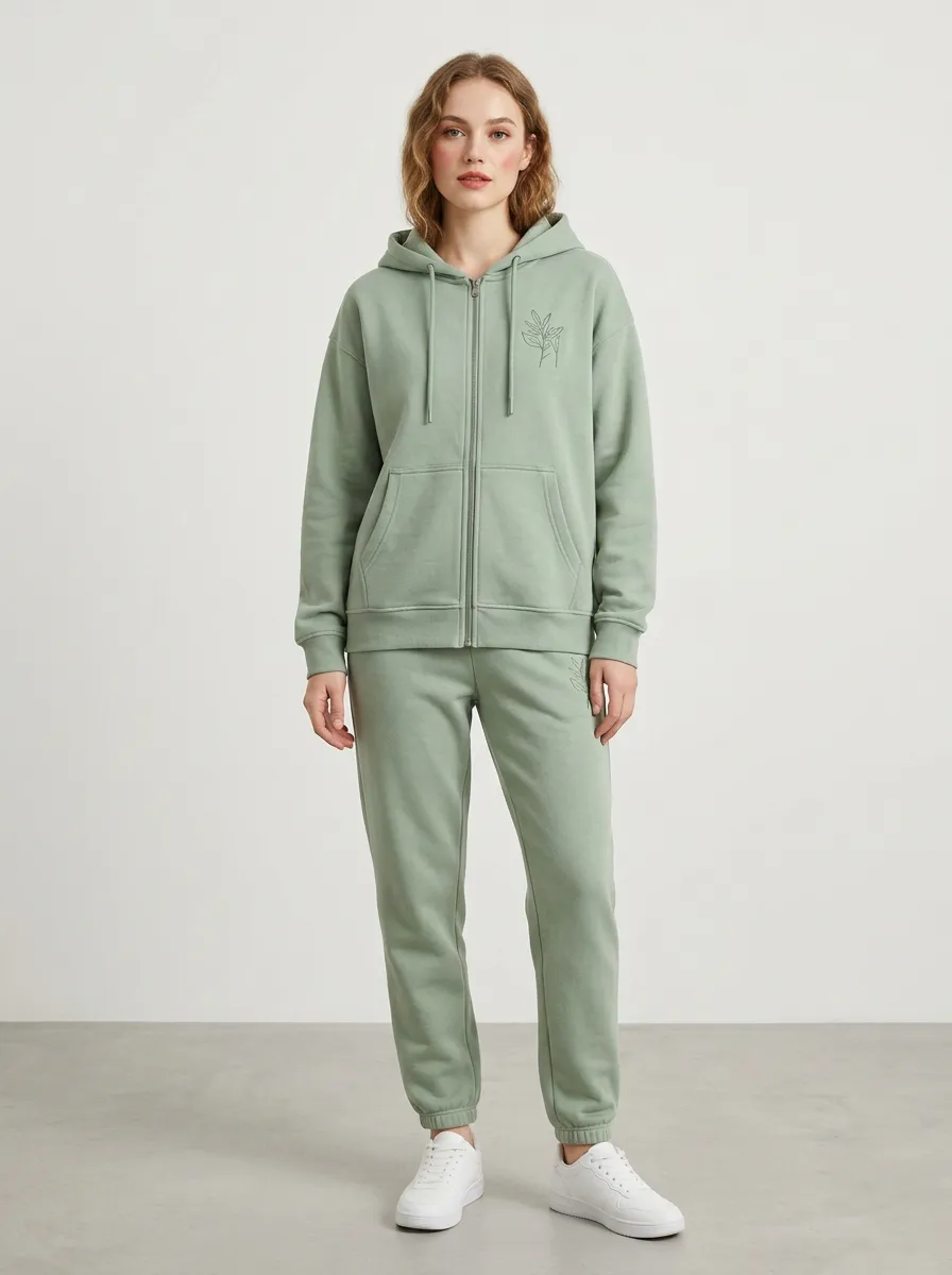 Women's Sage Green Sporty Zip-Up Hoodie Jacket & Jogger Set