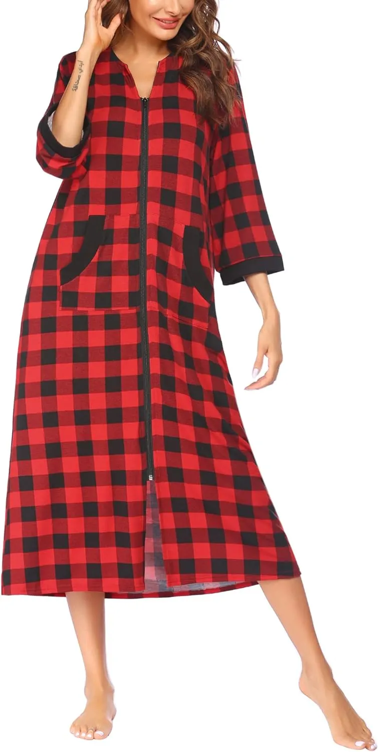 50% OFF Women Zipper Robe 3/4 Sleeves Loungewear Dress Full Length Sleepwear Pockets Housecoat Nightgown Long Bathrobe