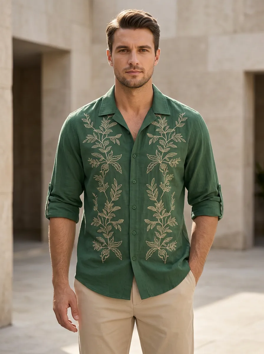 Men's Botanical Easygoing Embroidered Linen Shirt