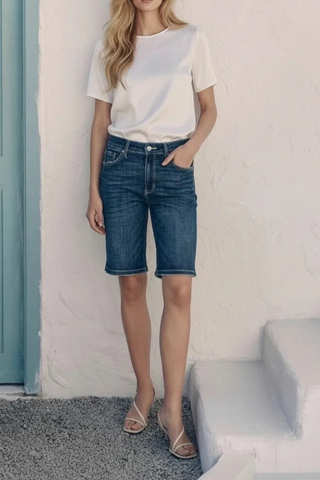 High Rise Stretch Slit Detail Denim Shorts