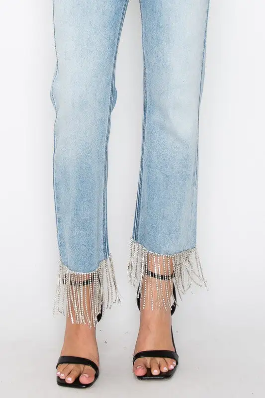High Rise Straight Leg Embellished Denim Jeans