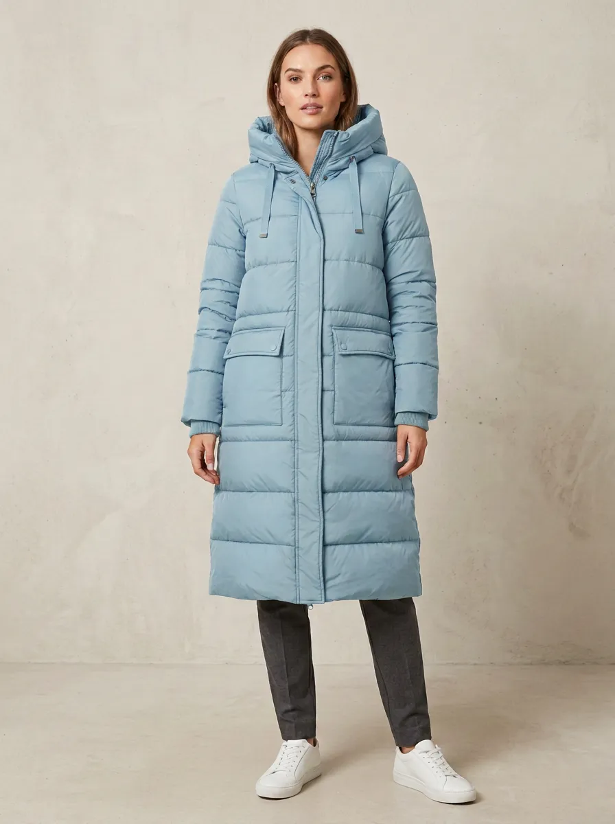 Textured Padded Long Hooded Coat