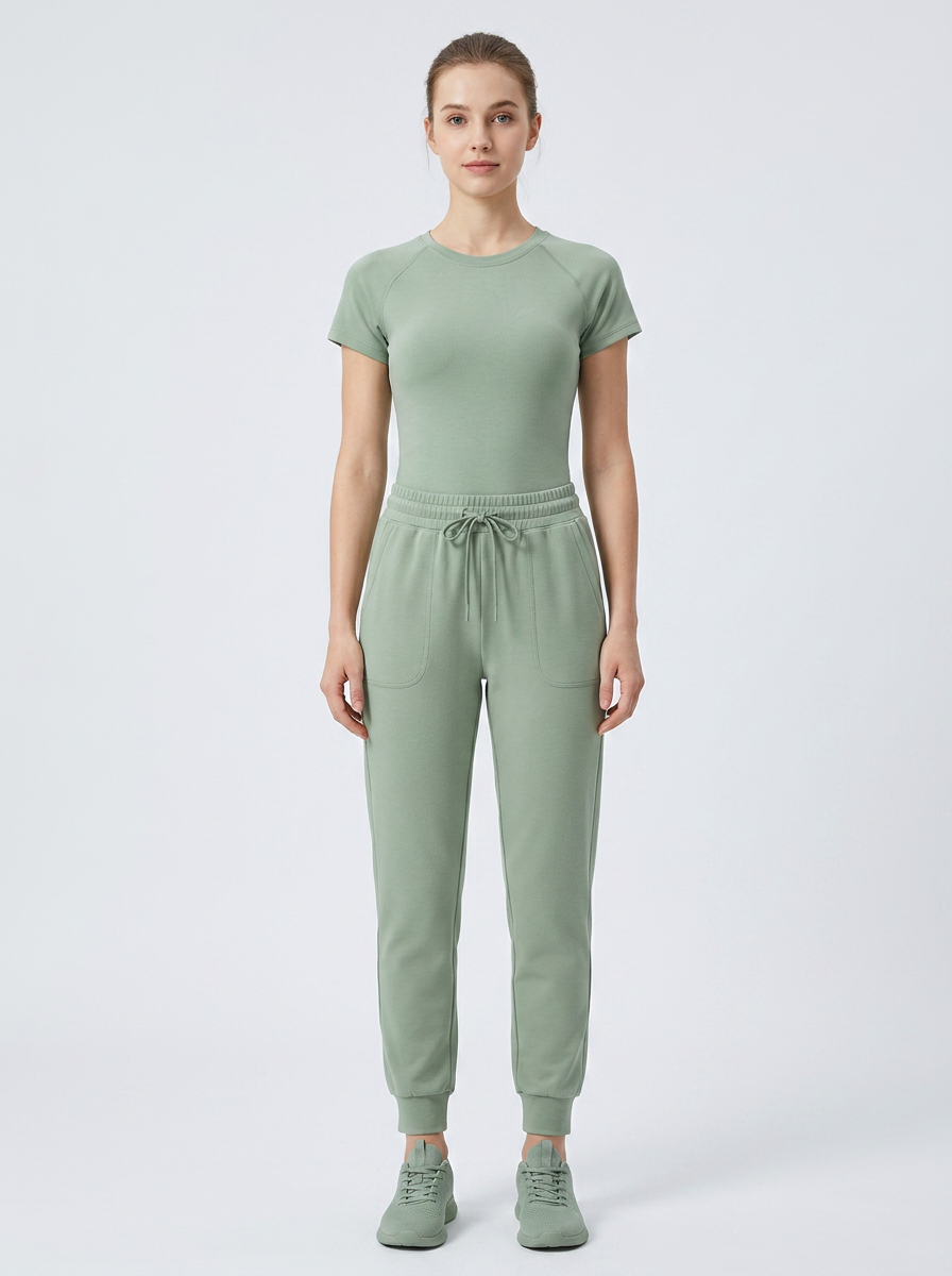 Women's Sage Green Solid Color Minimalist Printed Sportswear Set