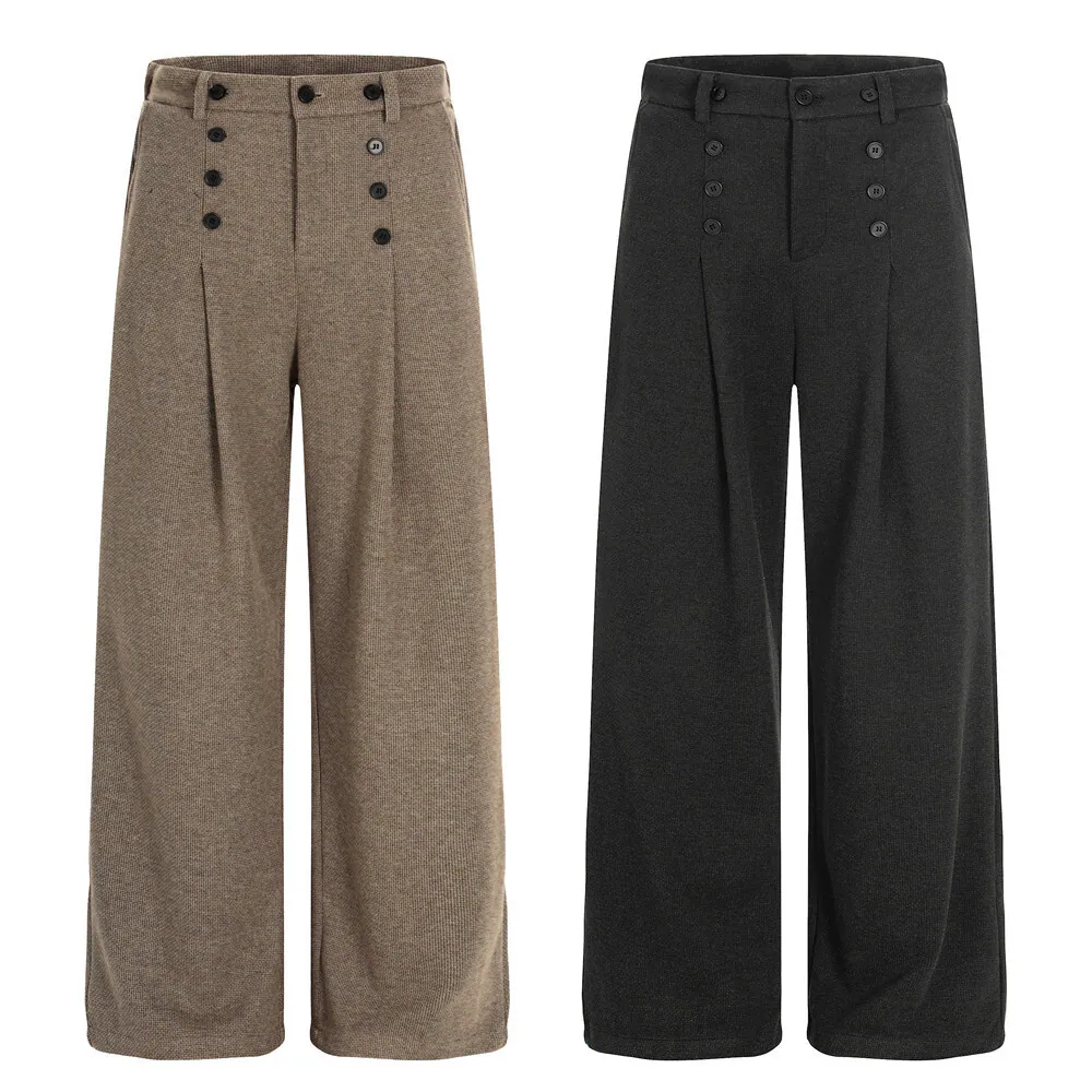 Vintage-Inspired Pleated Button Casual Pants