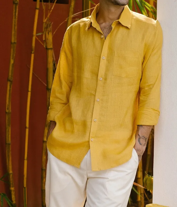 Mustard Linen Button-Up Shirt
