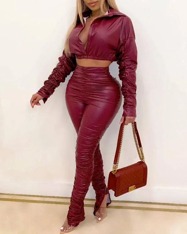 Ruched PU Leather -piece Set Crop Top & High Waist Pants