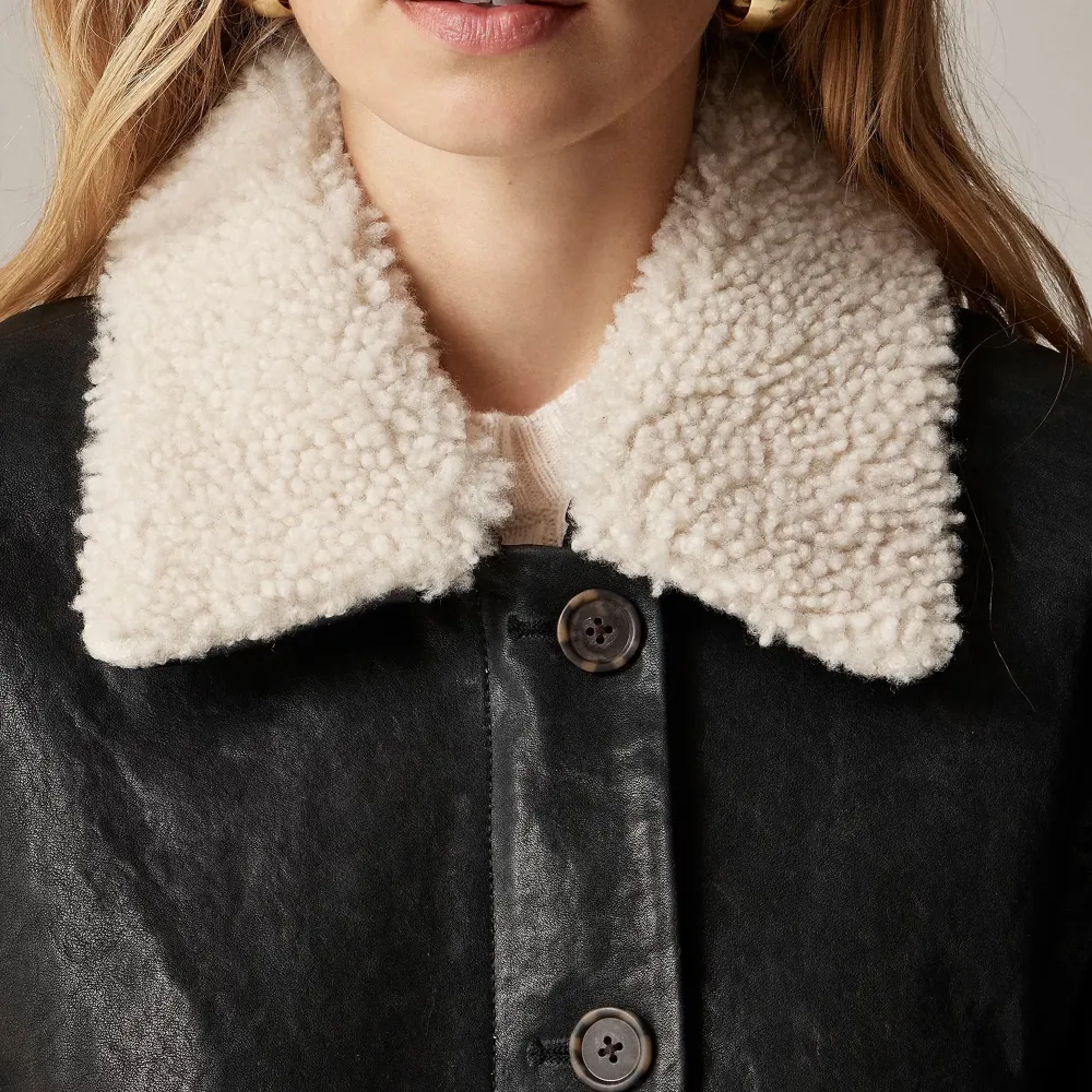 cropped leather car coat with sherpa collar