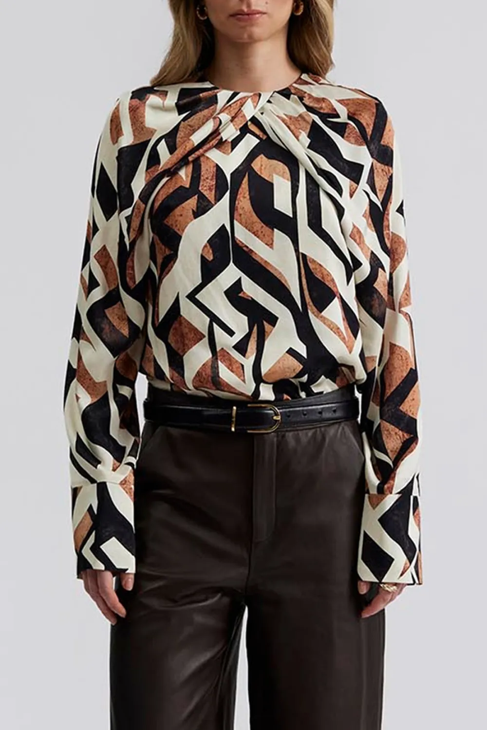 Geometric Print Bow Neck Blouse