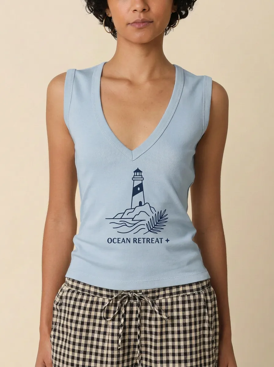 Women's Ocean Retreat Lighthouse Printed V-neck Tank Top