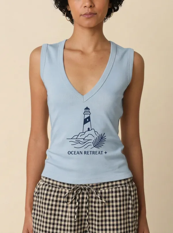 Women's Ocean Retreat Lighthouse Printed V-neck Tank Top