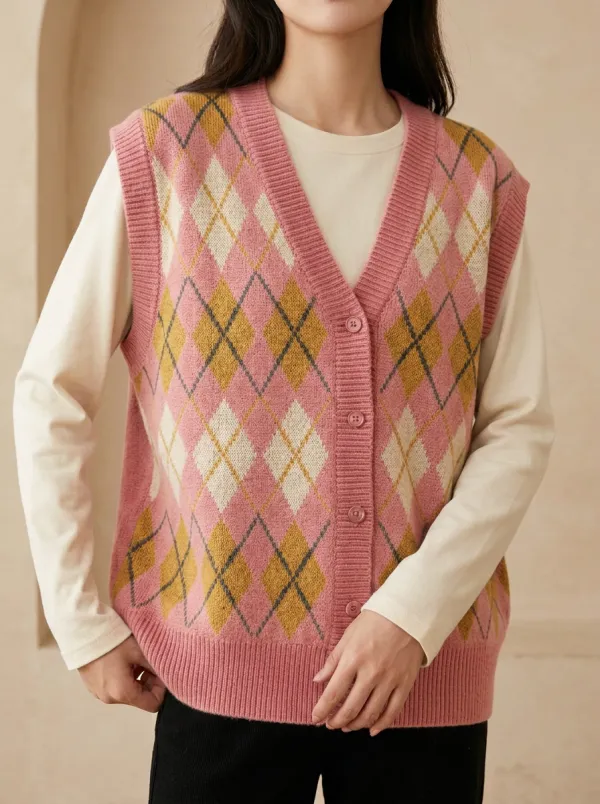 Preppy Argyle Button Textured Sweater Vest