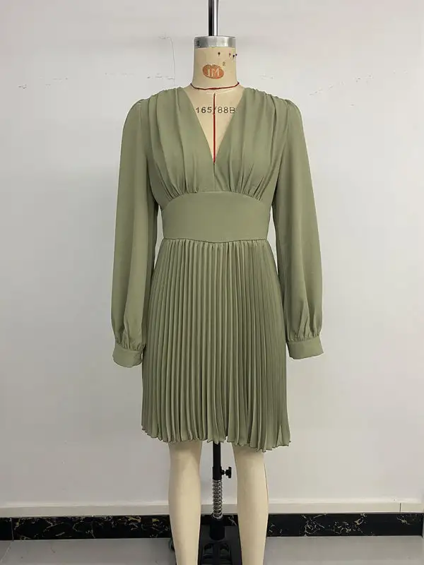 V Neck Pleated Long Sleeve Dress Casual