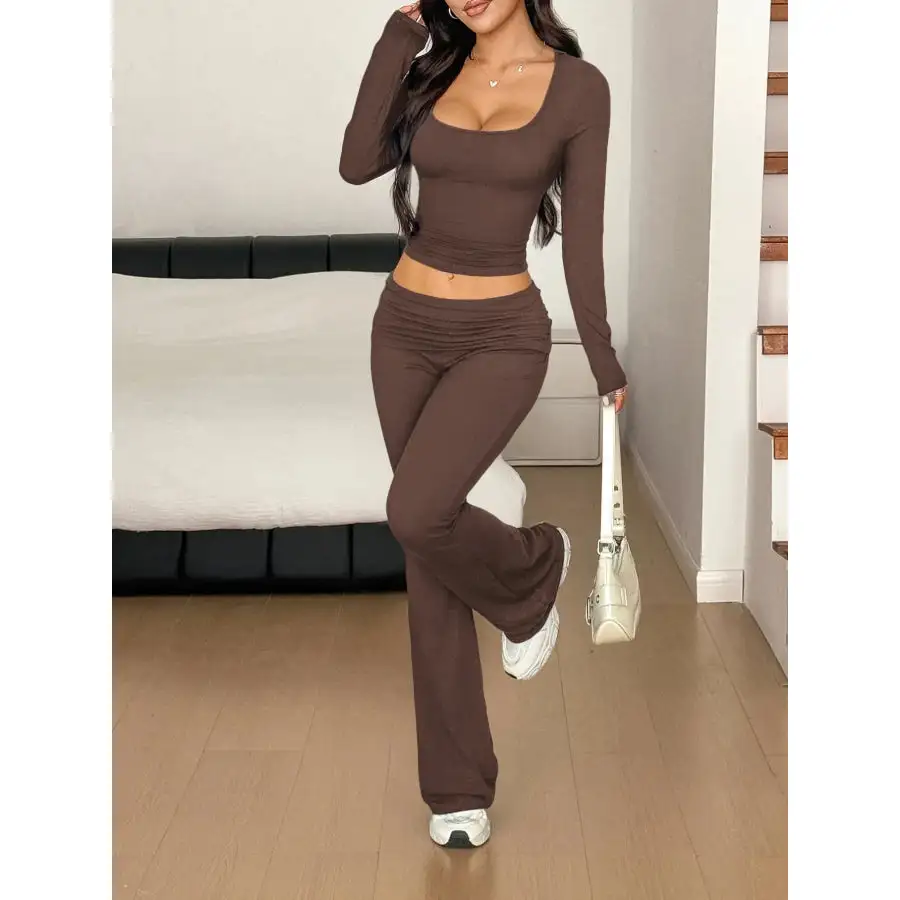 Long Sleeve Crop Top and Bootcut Pants Set
