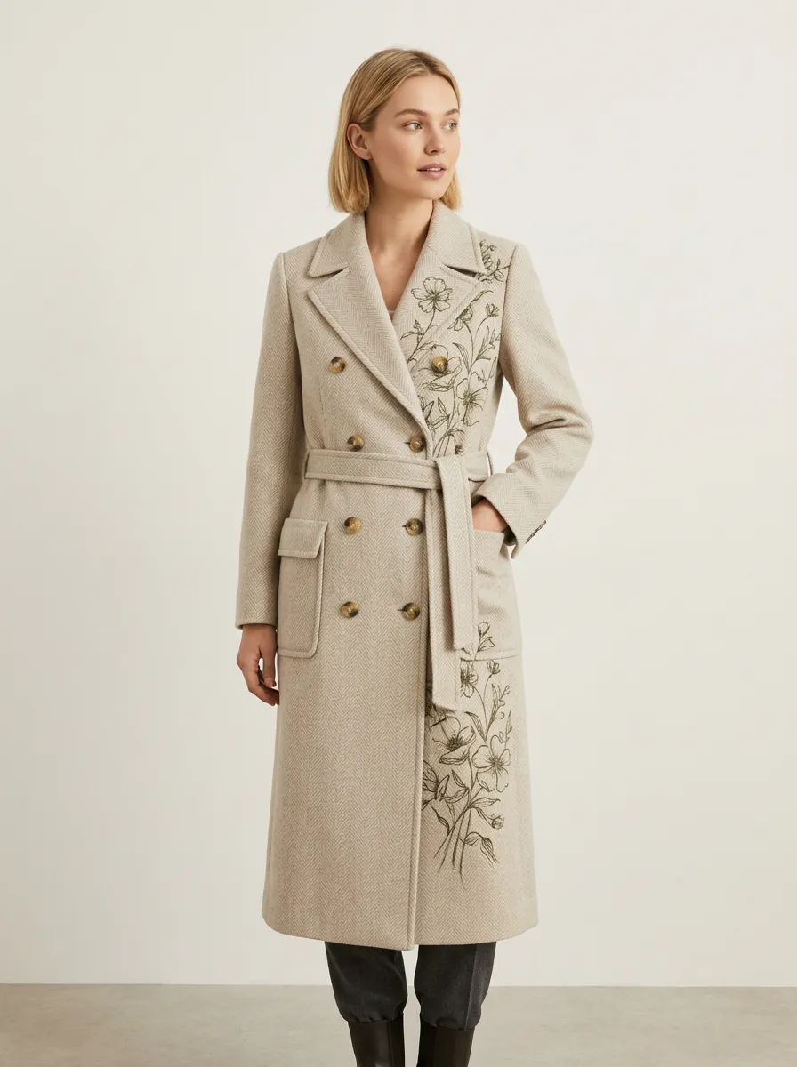 Women's Floral Herringbone Embroidered Trench Coat