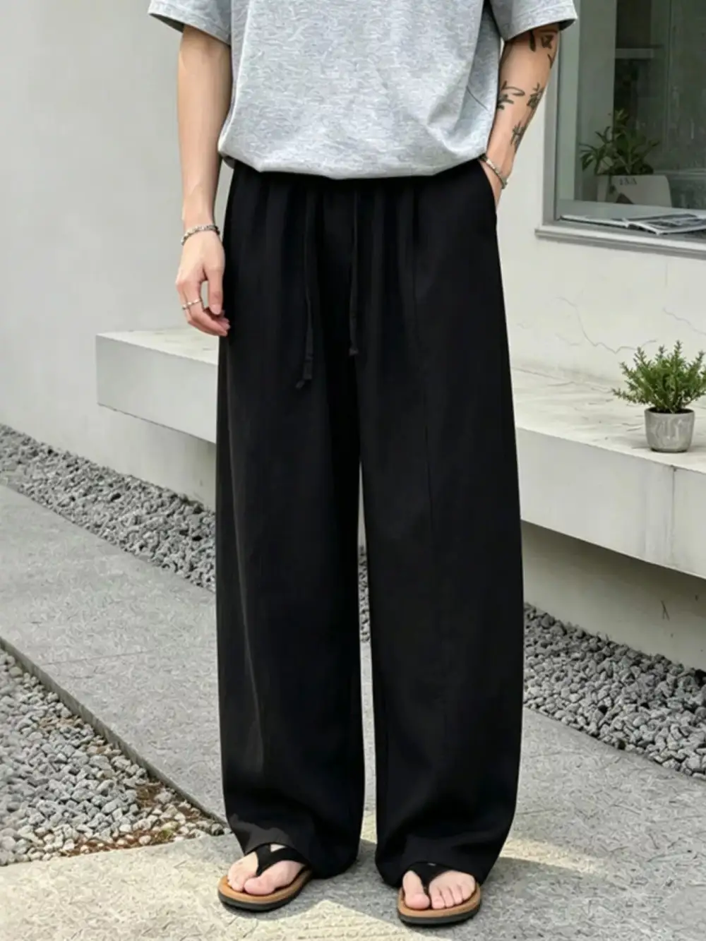Men's Plus Size Wide Leg Pants with Drawstring