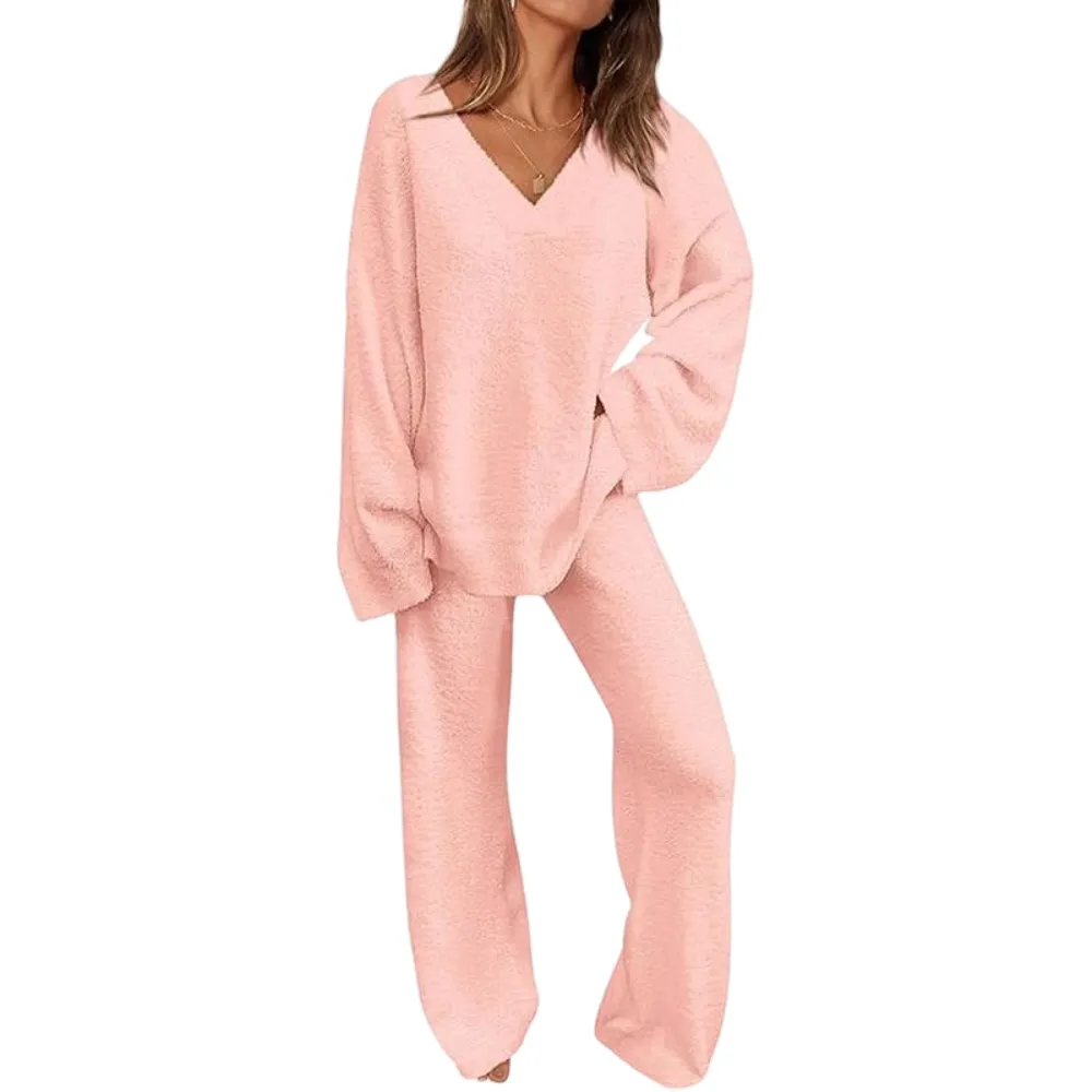 Women's 2-Piece Lounge Set Soft Chunky V Neck Tops& Wide Leg Long