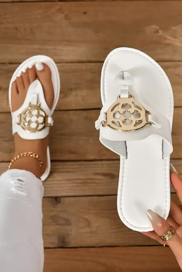 Metal Décor Leather Thong Slide Slippers Comfort