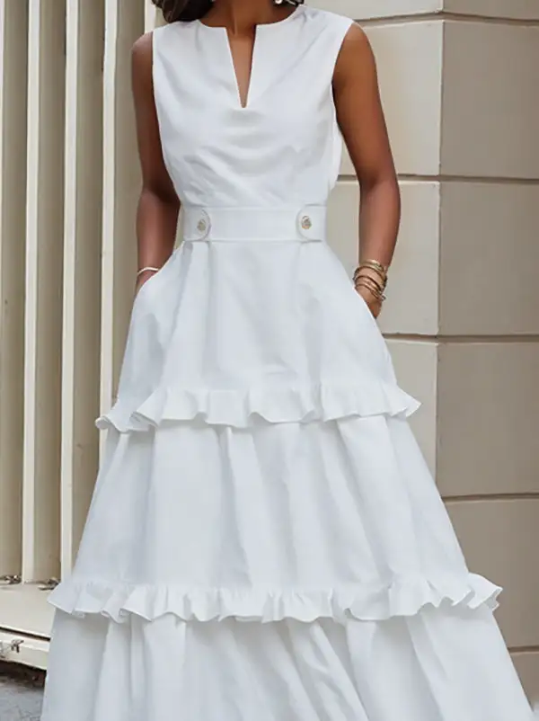High Pleated Buttoned Neck Maxi Dress