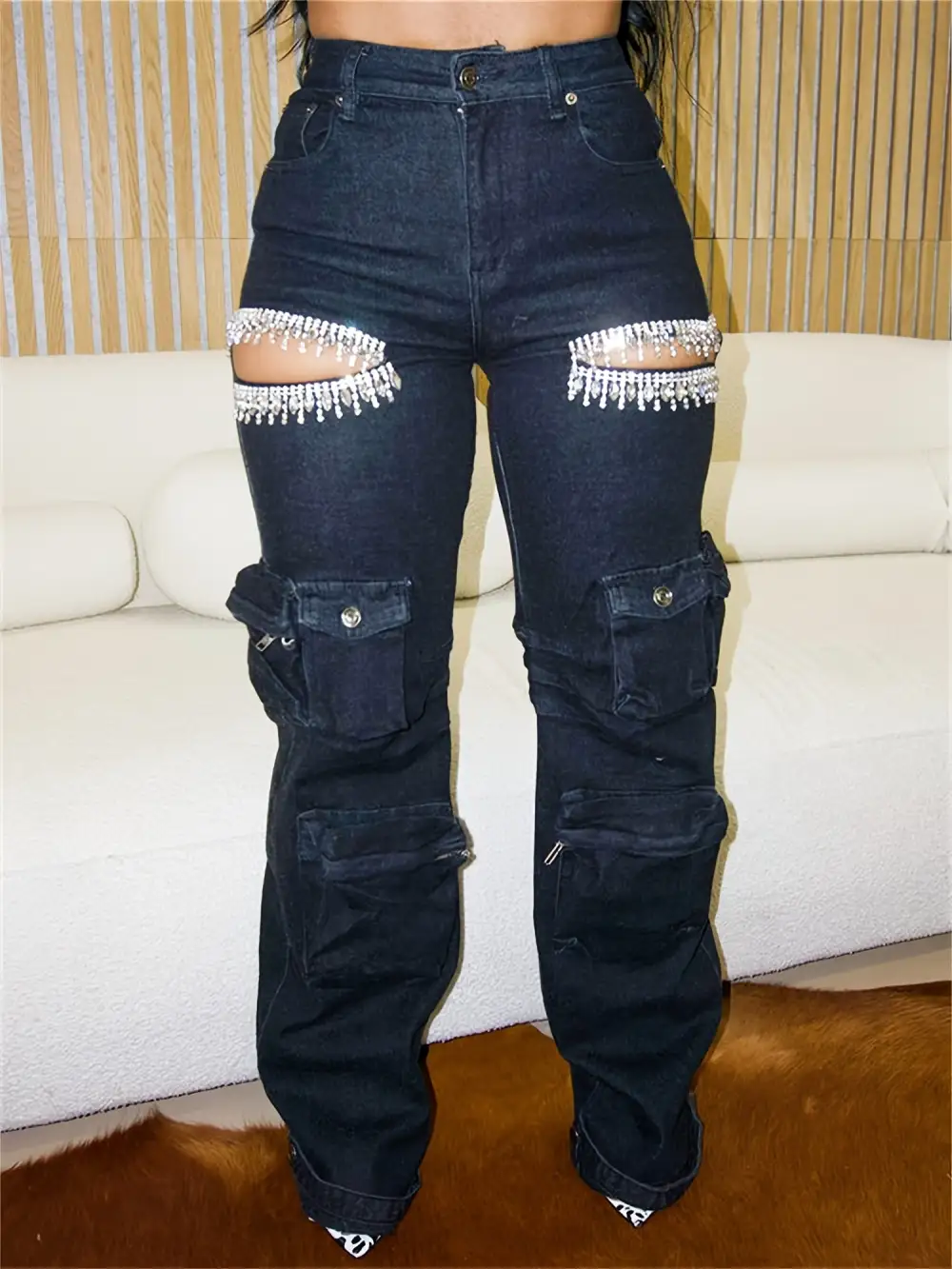 Everyday High-rise Rhinestone-embellished Cargo Jeans