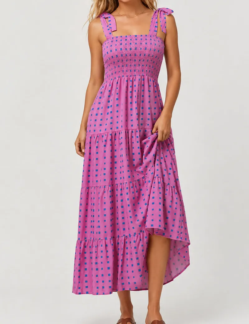 Abstract Smocked Strap Square Neck Midi Dress