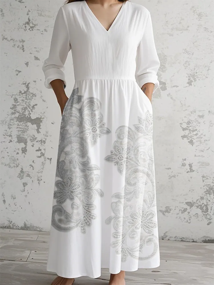 Grey Patterned V-Neck Long-Sleeve Dress