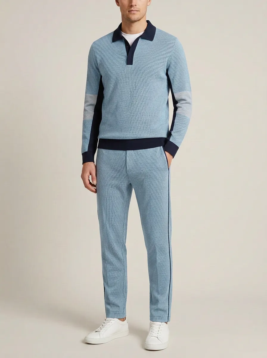 Men's Casual Textured Minimal Polo Collar Jacket and Jogger Pants Set