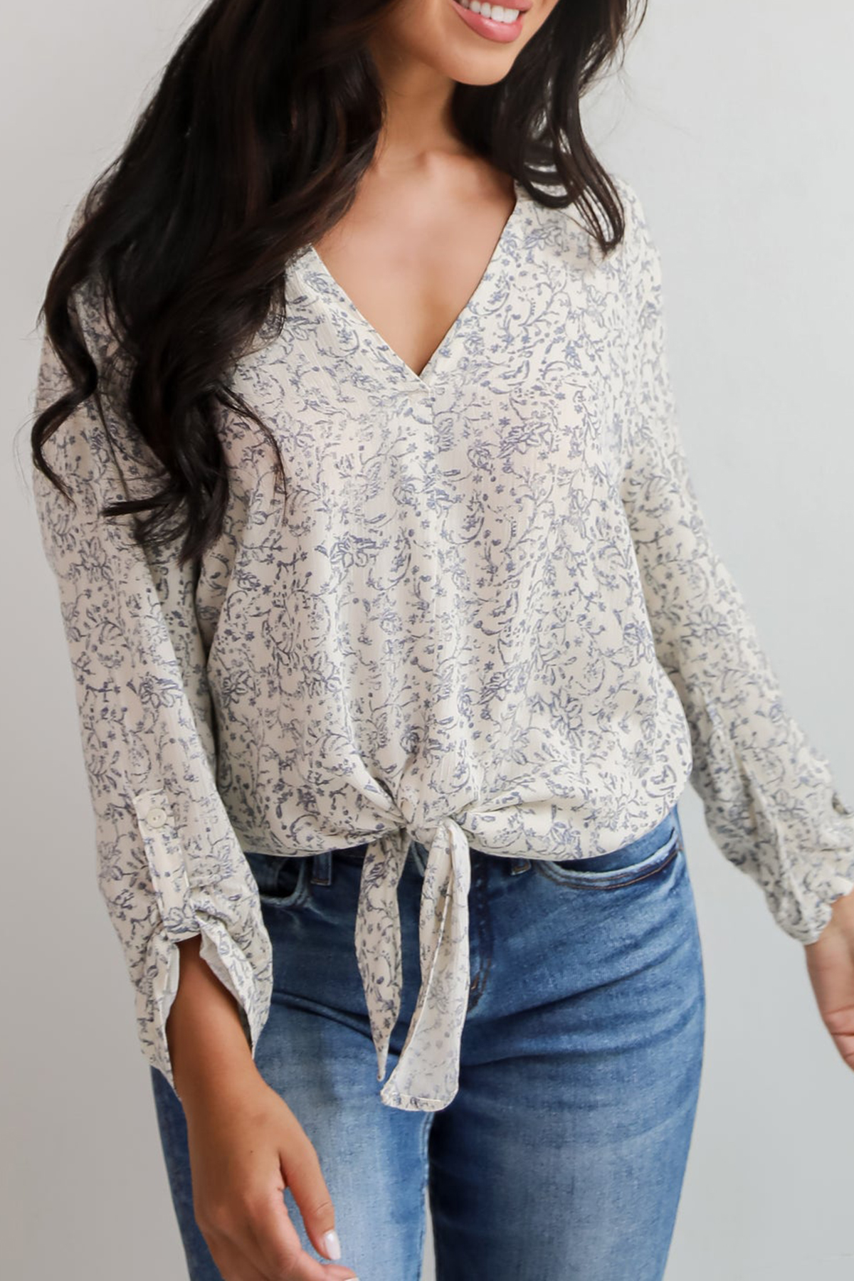 Decadently Sweet Cream Floral Tie-Front Blouse