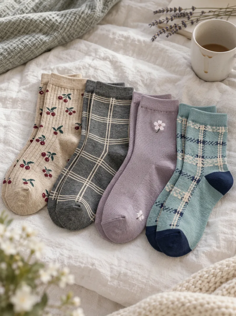 Women's Cherry Plaid Floral Embroidered Printed Socks 4-Pack