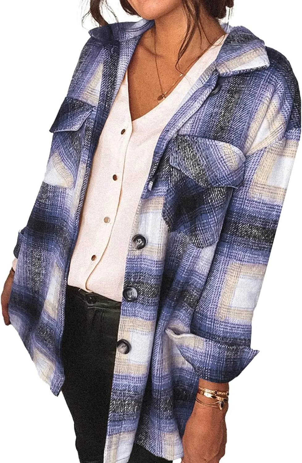 Women's 2023 Fall Clothes Plaid Shacket Jacket Long Sleeve Button Down Flannel Shirts Fashion Blouse
