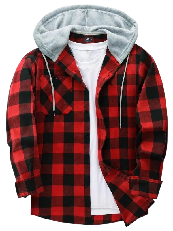 Men's Plaid Print Button Front Drawstring Hooded Shirt, Regular Fit Casual Long Sleeve Pocket Top, Men's Clothes for Daily Wear