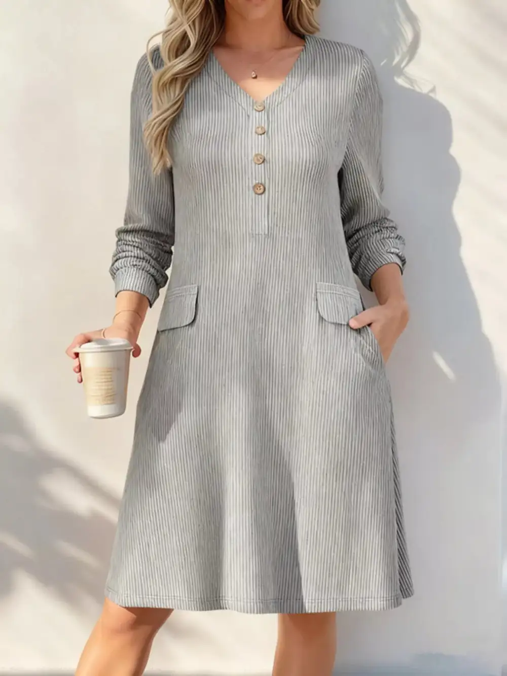 Ribbed Knit V-Neck Dress