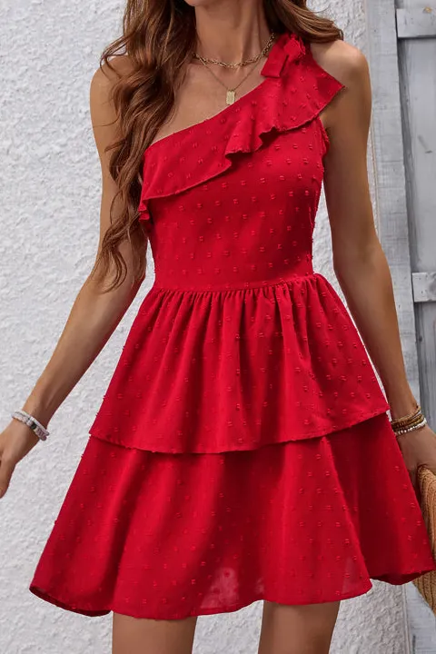 Shoulder Ruffle Solid Color Casual Dress