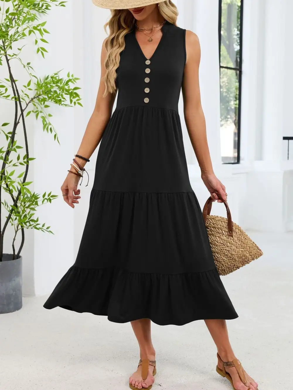 Tiered Sleeveless Midi Dress