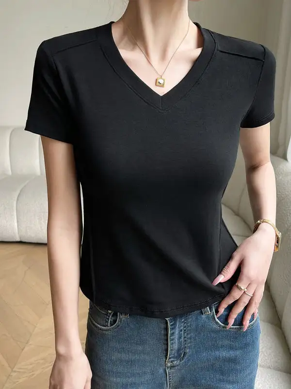Short Sleeve Slim Fit Panel Detail V-Neck T-Shirt