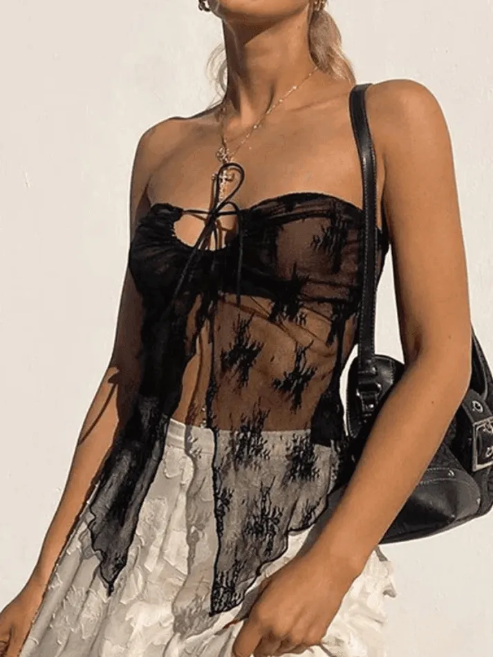 Slit Sheer Mesh Bandeau Tube Top