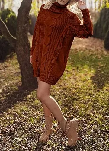 Women Fashion Sweater Short Dress Long Sleeve Turtleneck Oversized Fall Winter Soft Chunky Knit Pullover Sweaters