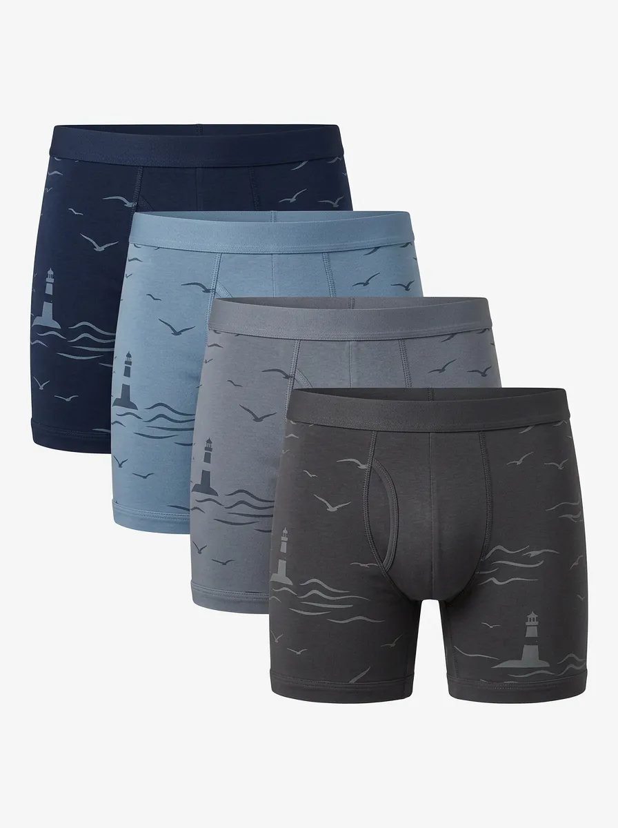 Men's Four-Pair Lighthouse Seagull Wave Boxer Brief Set