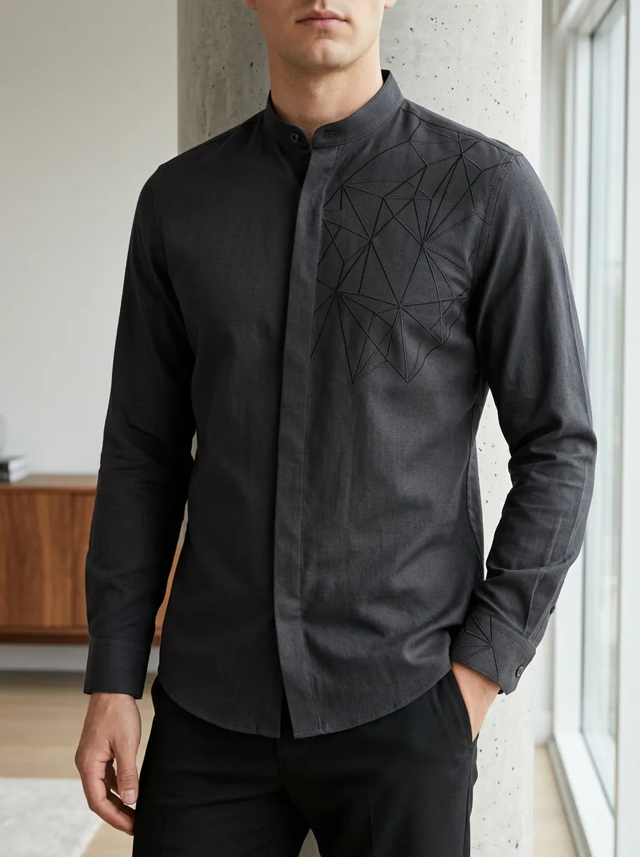 Men's Geometric Pattern Embroidered Slim Fit Mandarin Collar Shirt