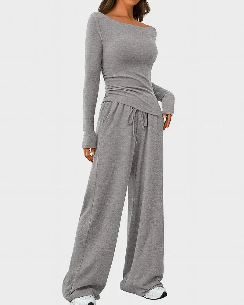 Asymmetrical Long Sleeve Top and Wide Leg Pants Lounge Set
