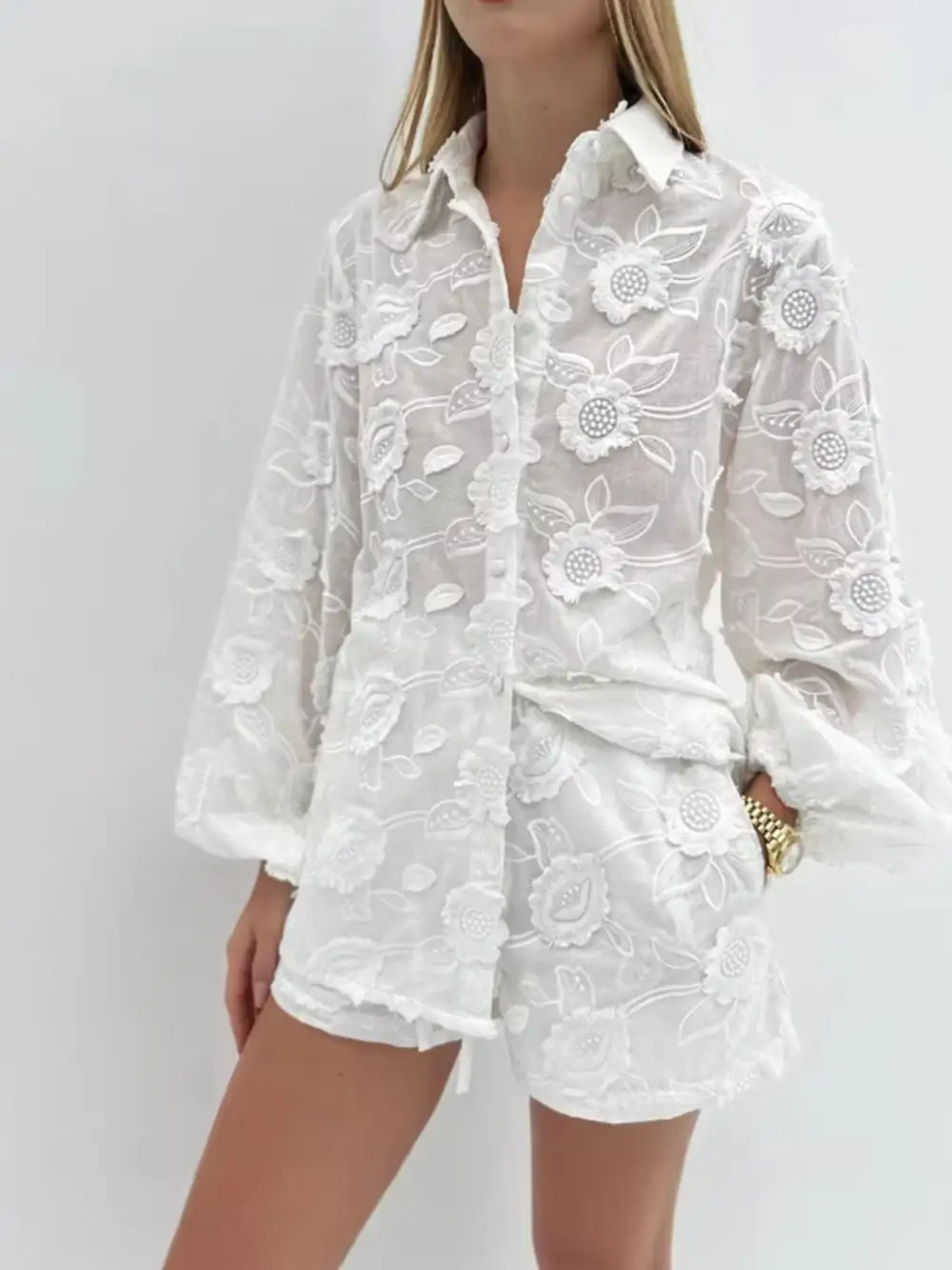 Floral Embroidered Shirt and Shorts Set