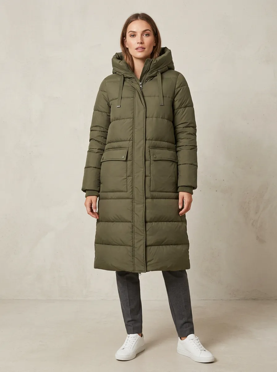 Textured Padded Long Hooded Coat