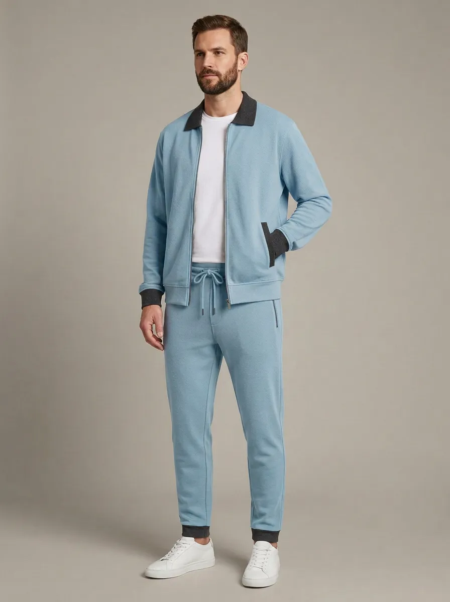 Men's Classic Zip-Up Polo Collar Jacket and Jogger Pants Set