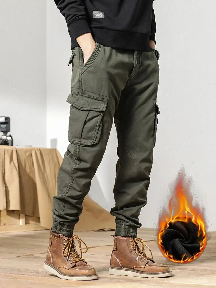 Winter Cargo Pants for Men with Fleece Lining Slim Fit Elastic Waistband