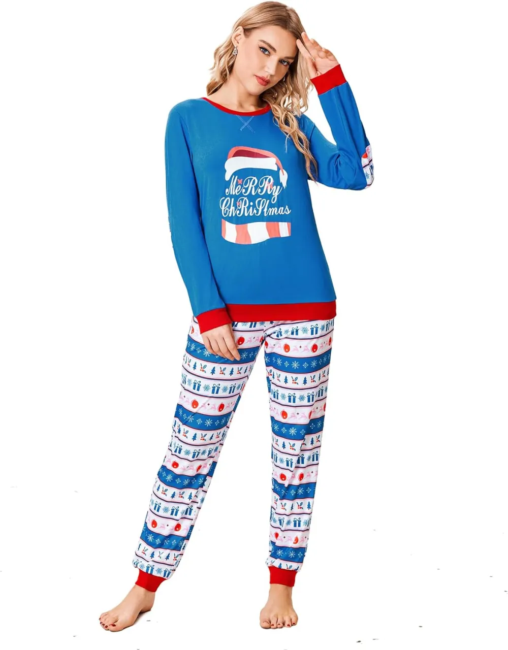 Women's Pajamas Sets Long Sleeve with Plaid Pants Soft Sleepwear O Neck 2 Piece Pjs Joggers Loung Set with Pockets