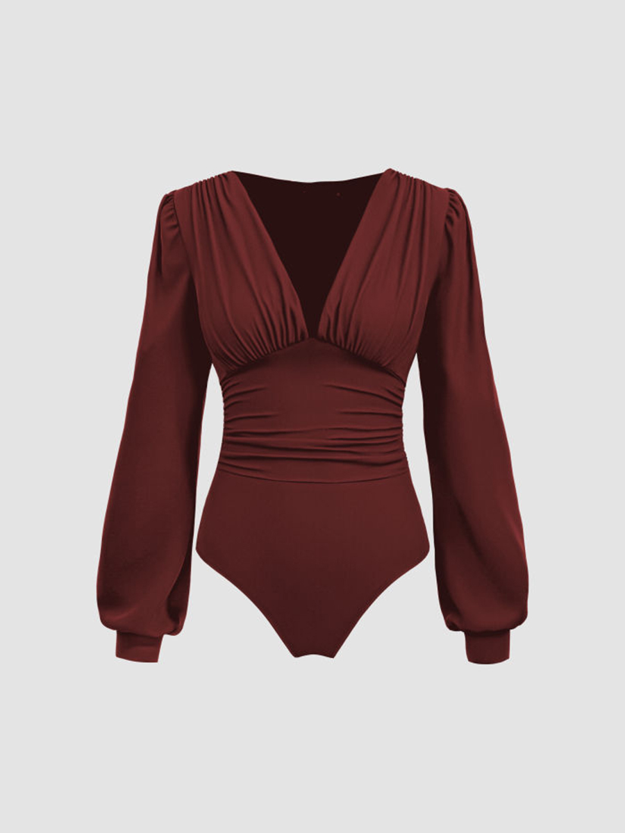 Jersey V-Neck Solid Ruched Bodysuit