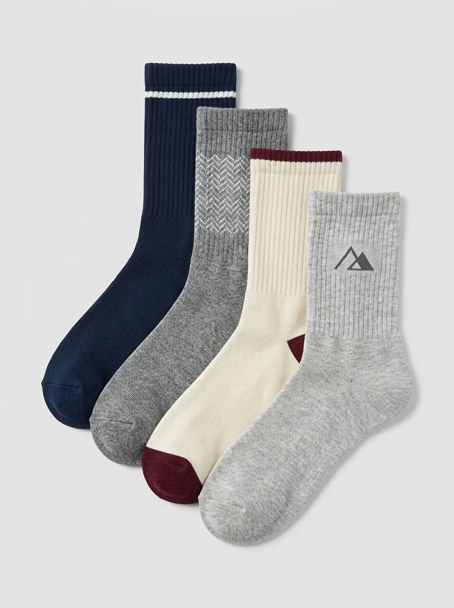 Mountain Motif Striped Ribbed Texture Crew Length Men's Crew Socks Four-Pair Pack
