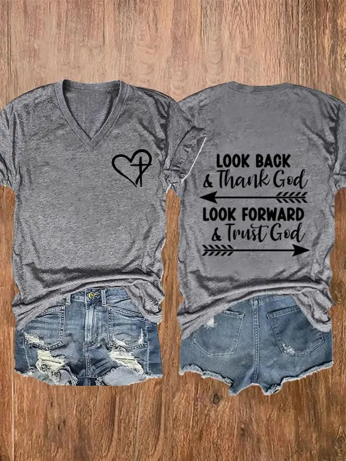 Women's Look Forward And Thank God Print V-Neck Casual T-Shirt