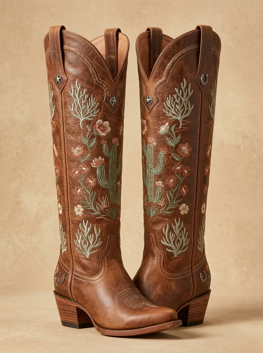 Women's Western Cactus Floral Star Embroidered Block-Heel Stacked-Heel Denim Over-the-Knee Boots