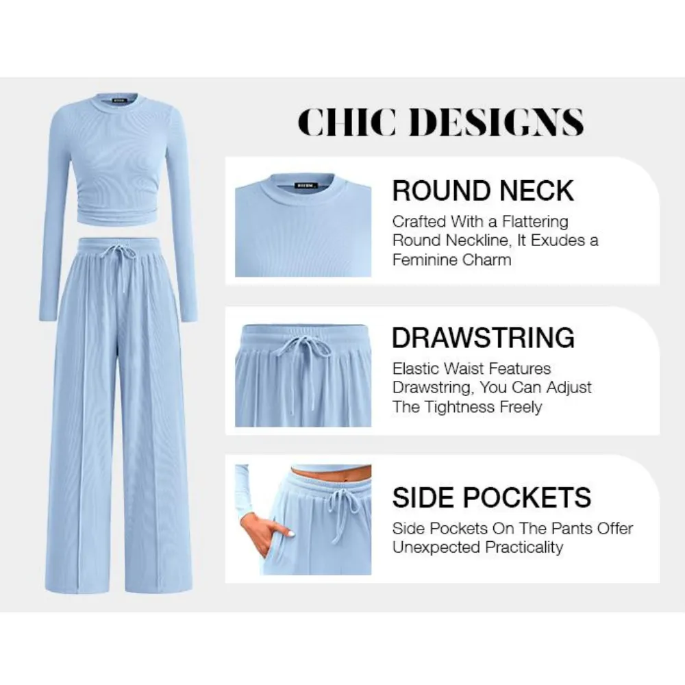 Long-Sleeve Top and Wide-Leg Pants Casual Homewear Set